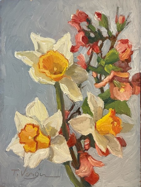 DAFFODILS with QUINCE by Trisha Vergis - 8 x 6 in., oil on canvas • $850