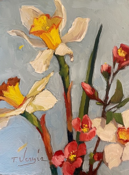 DAFFODILS WITH QUINCE NO. 2  by Trisha Vergis - 8 x 6 in., o/cb • SOLD