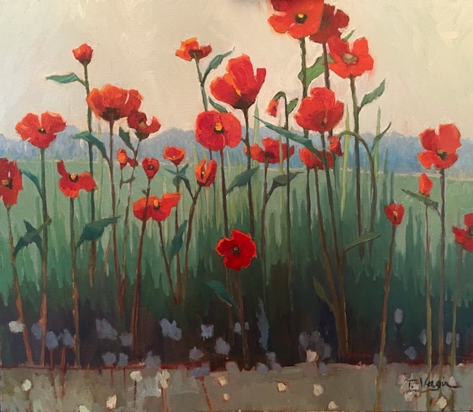 POPPIES AND CLOVER III by Trisha Vergis - 26 x 30 inches, oil on canvas • SOLD