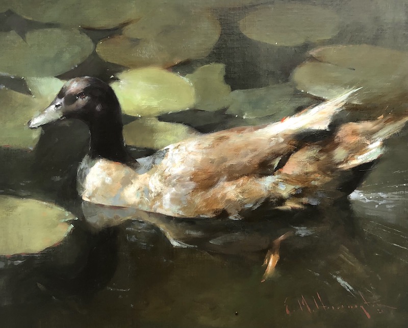 Swimmingly received: DUCK WITH WATERLILIES by Evan Harrington - 16 x 20 inches, oil on linen on board • SOLD