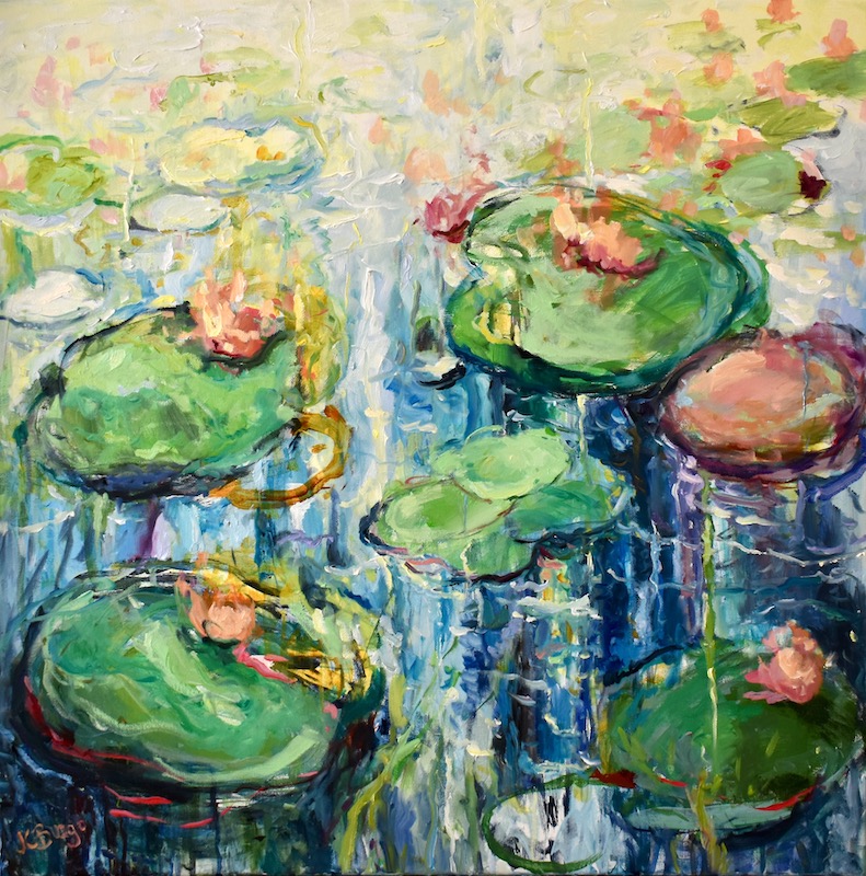 MORNING LILIES by Jean Childs Buzgo - 24 x 24  inches, mixed media on canvas, in custom Madary frame • $4,000 