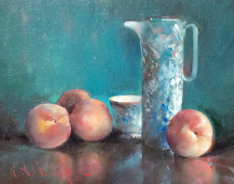 PEACHES WITH DANISH PITCHER by Evan Harrington - 9 x 12 inches, oil on linen on board • SOLD