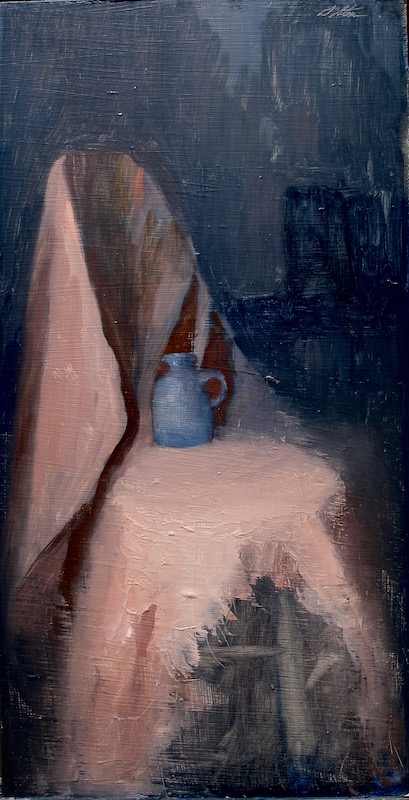 SMALL BLUE PITCHER by David Stier - 24 x 12 in., oil on board (30.5 x 18.5 in. framed) • $4,400
