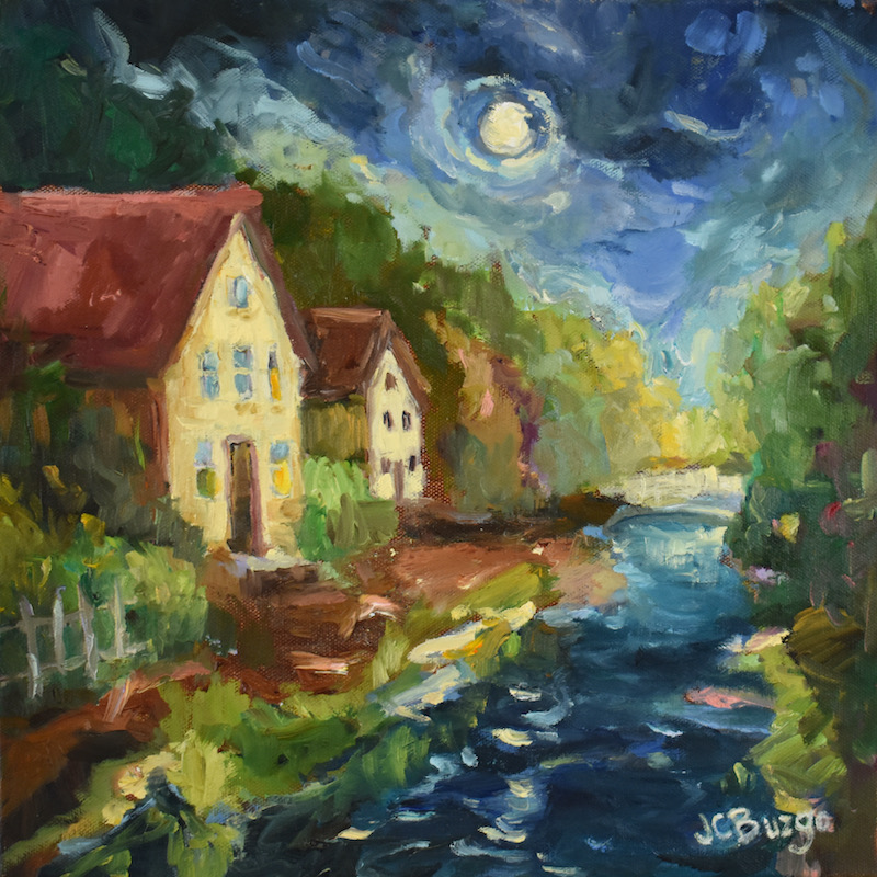 CANAL MOONRISE II by Jean Childs Buzgo - 12 inches square, oil on canvas, in custom David Madary frame • $1,600