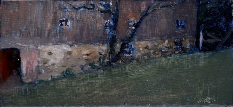 New for December 2021:  PHIL\\\\\\\'s FARM by David Stier - 4.5 x 10.5 in., framed size:  11 x 17 in., oil on board • SOLD