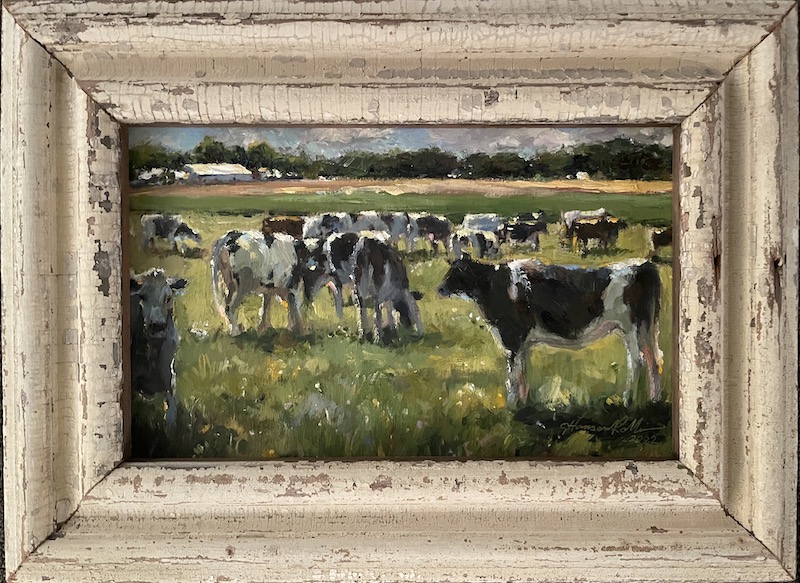 New for February 2022:  BOVINE AFTERNOON by Jennifer Hansen Rolli - 7 x 11 inches, oil on board, shown in Bucks County vintage architectural frame • $2,300
