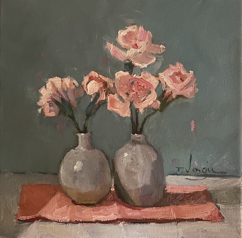 PINK CARNATIONS by Trisha Vergis - oil on canvas, 10 inches square • $1,500