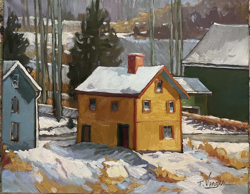 So appealing:  WINTER IN SERGEANTSVILLE by Trisha Vergis - 16 x 20 inches, oil on canvas • $2,800