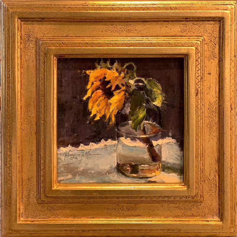 WEEPING SUNFLOWER by Jennifer Hansen Rolli - 6 x 6 inches, oil on board, shown in Madary custom frame • $1,350