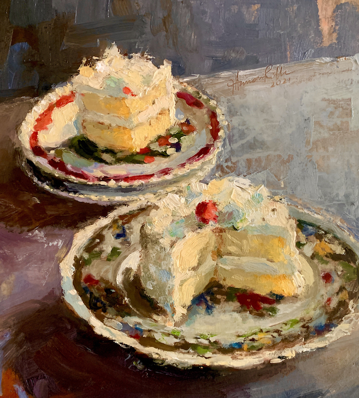 An award winner from the at the 113th Annual Thumb-Box Exhibition at the Salmagundi Club in NYC!:  YELLOW CAKE by Jennifer Hansen Rolli - 8 x 9.5 inches, oil on board • SOLD