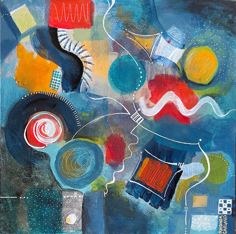 THRILL RIDE by Rhonda Garland - 12 inches square, acrylic on board • $1,700 in custom Madary frame
