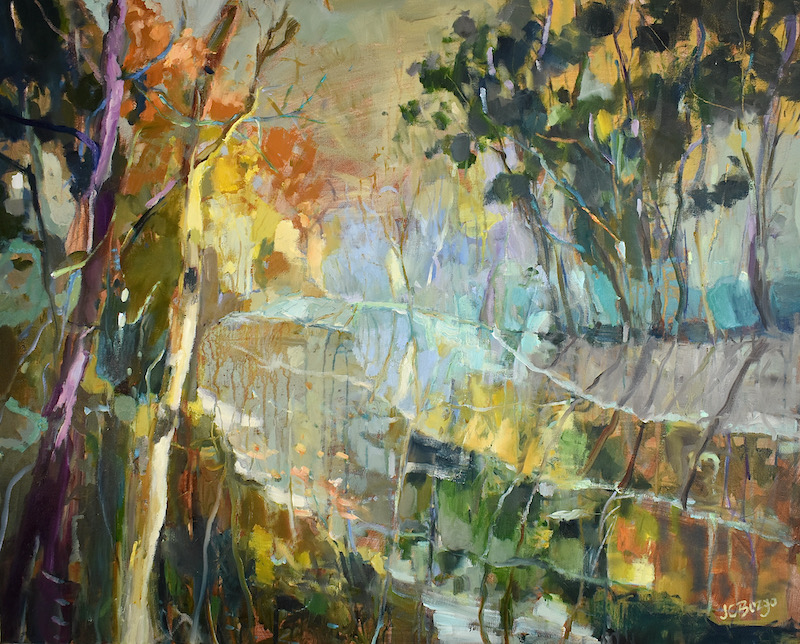 Found a new home in Yardley:  ALONG THE RIVER by Jean Childs Buzgo - 24 x 30 inches, mixed media on linen • SOLD