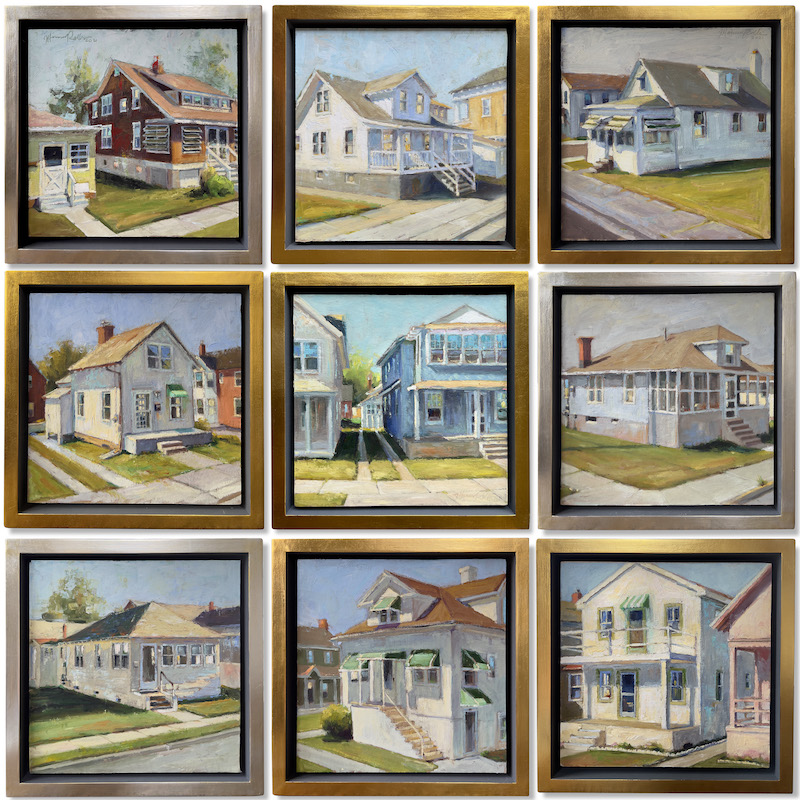 A wonderful grouping of nine paintings:  SEASIDE COTTAGE SERIES I - IX by Jennifer Hansen Rolli -10 inches square, oil on board, as shown in custom Madary floater frames • $20,000