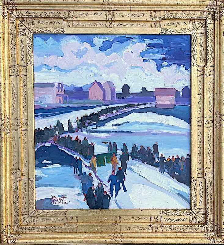 MIDWAY FIRE DEPARTMENT, CHRISTMAS PARADE by Joseph Barrrett - 20 x 18 inches, oil on canvas, in scarce Barrett-signed frame • $6,600