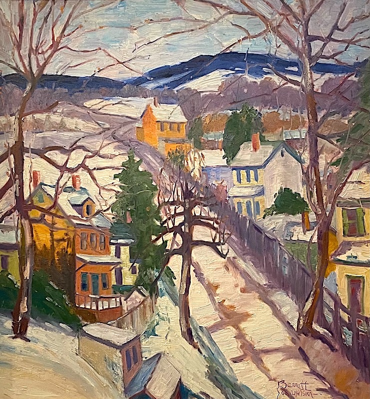 All the bells and whistles of Bucks County in winter:  STREET ROAD, LAHASKA by Joseph Barrett - 28 x 26 in., o/c • SOLD