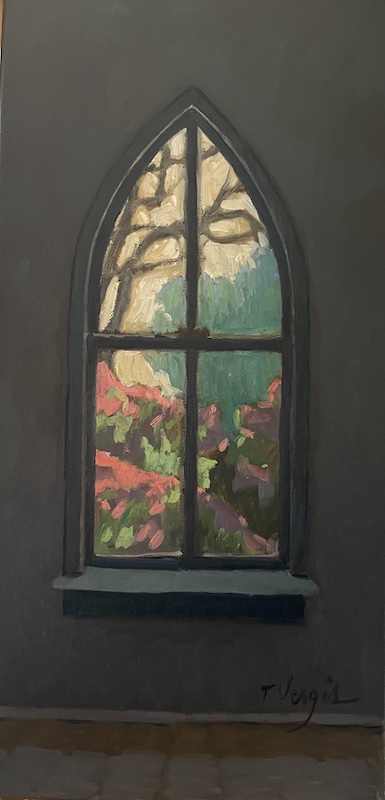 YARDLEY, BEYOND THE LIBRARY WINDOW by Trisha Vergis - 20 x 10 inches, oil on canvas • SOLD