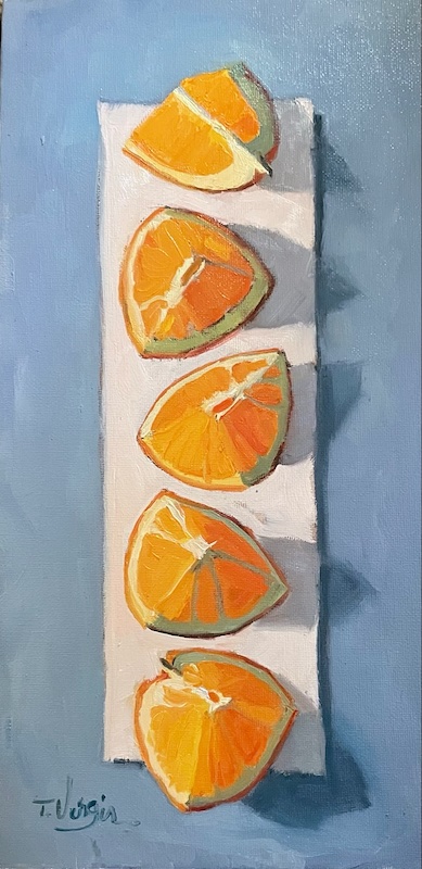Truly luscious:  CASCADING ORANGE SLICES by Trisha Vergis - 14 x 7 inches, oil on canvas board • SOLD
