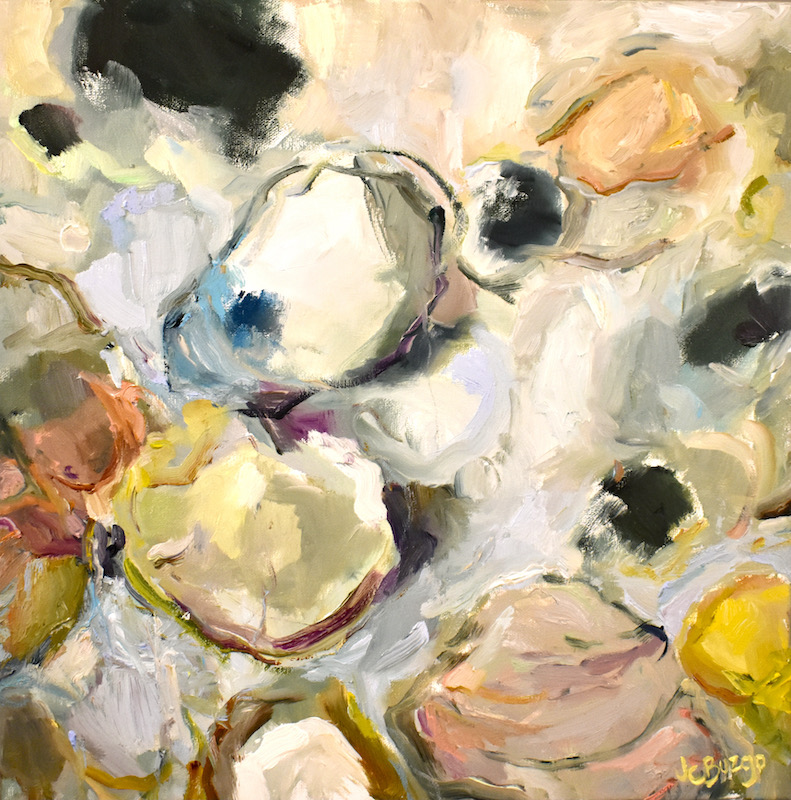 COLLECTING SHELLS V by Jean Childs Buzgo - 12 x 12 inches, oil on canvas, in Madary floater frame • $1,600