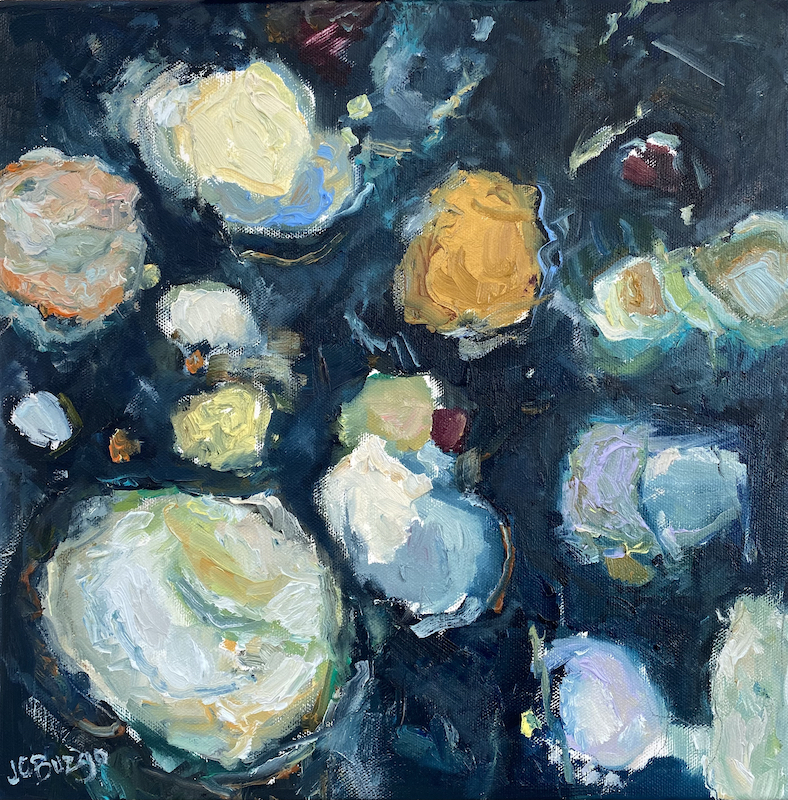 COLLECTING SHELLS AT NIGHT by Jean Childs Buzgo - 12 x 12 inches, mixed media on linen, in Madary floater frame • $1,600