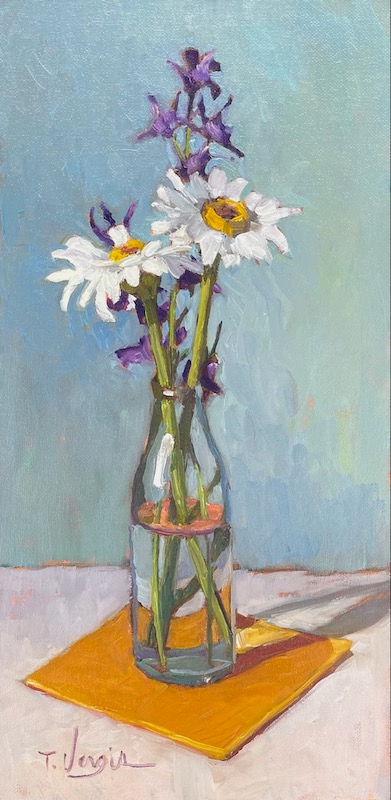 Just off her easel:  TWO DAISIES by Trisha Vergis - 16 x 8 inches, oil on canvas board • $1,700