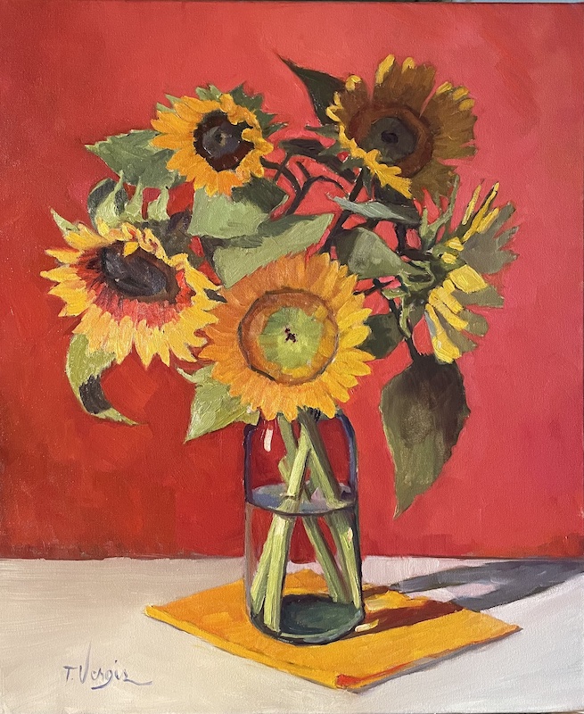 The cover of the August '22 ICON Magazine:  SUNFLOWERS by Trisha Vergis - 24 x 20 in., o/c • SOLD