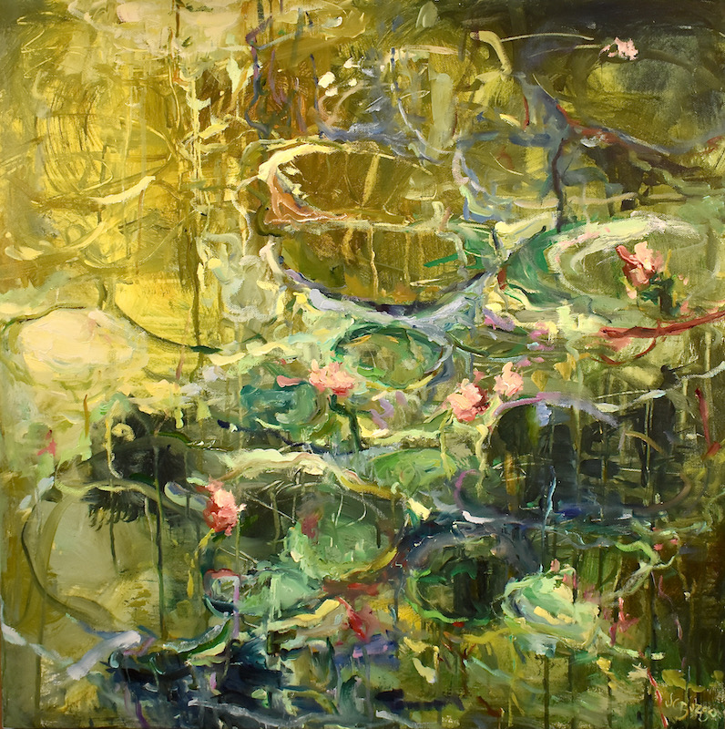 A DAY AT THE LILY POND by Jean Childs Buzgo - 24 x 24 inches, mixed media on canvas • $4,000