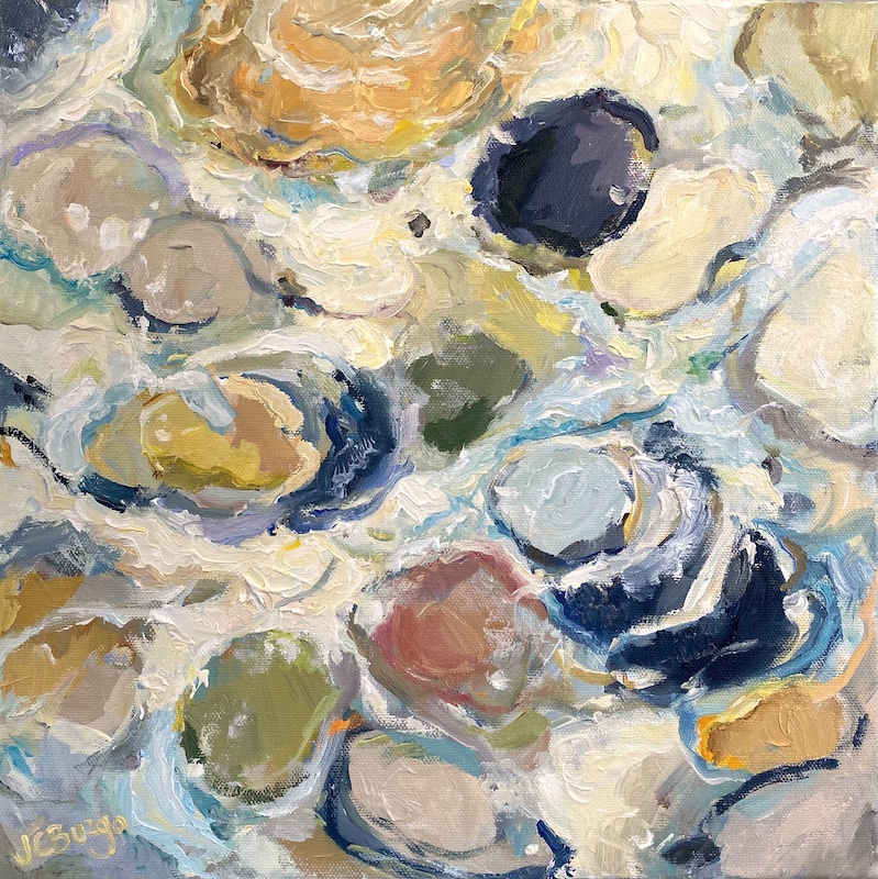 COLLECTING SHELLS I by Jean Childs Buzgo - 12 x 12 inches, oil on linen, in Madary floater frame • SOLD