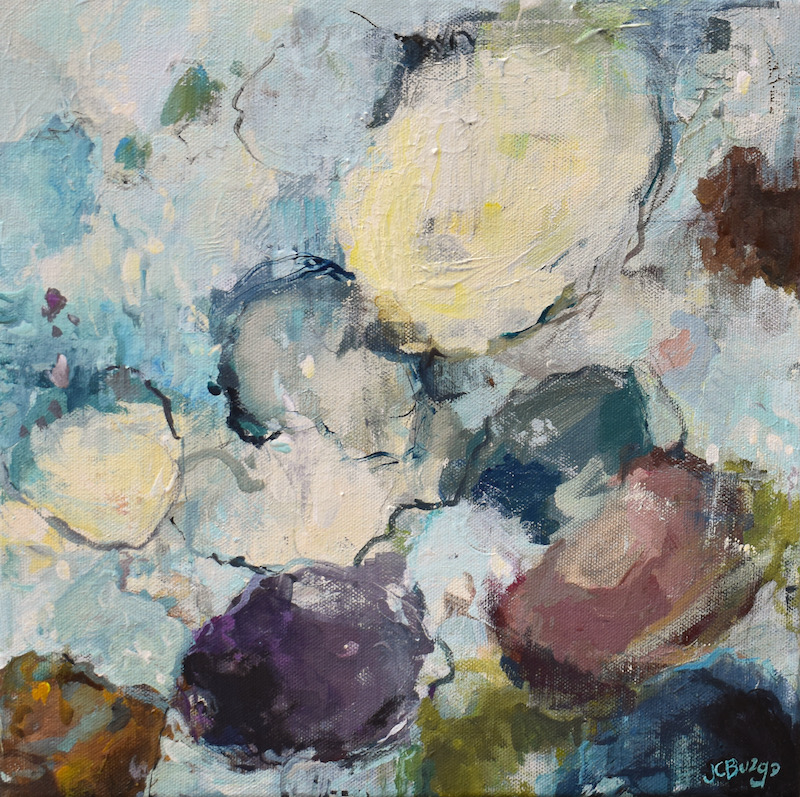 COLLECTING SHELLS II by Jean Childs Buzgo - 12 x 12 inches, mixed media on canvas, in Madary floater frame • $1,600