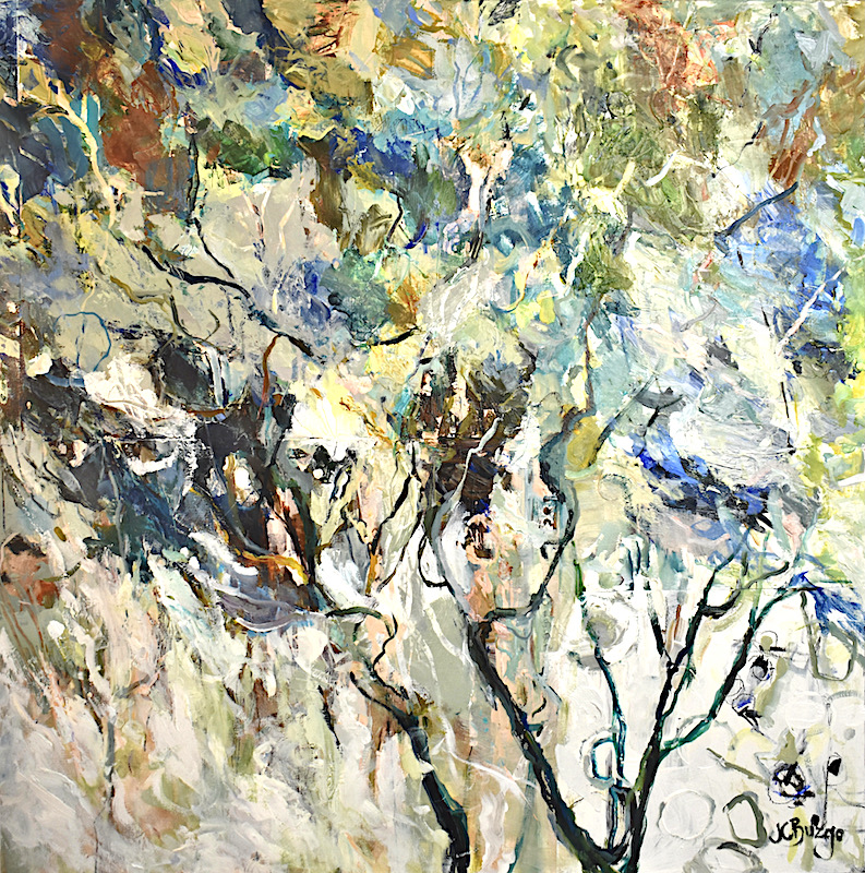 TREES FROM A DREAM by Jean Childs Buzgo - 24 x 24 in., mixed media collage on canvas • $4,000