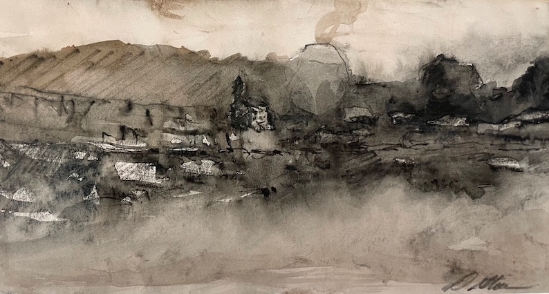 SKETCH FOR RIVER VIEW PAINTING by David Stier - 4.5 x 8.5 in., walnut ink on paper • $850