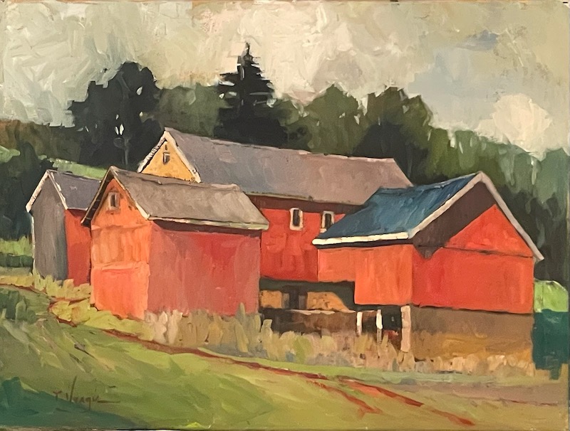 Plein air, late summer of 2022:  BARNS, STOVER-MYERS by Trisha Vergis - 18 x 24 inches, oil on canvas • $3,200