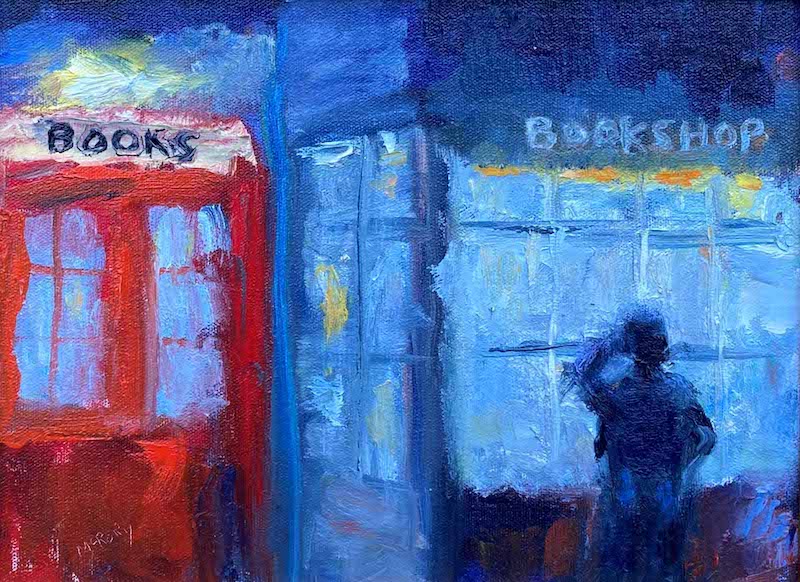 BOOKSHOP by Desmond McRory - 9 x 12 in., oil on board • SOLD