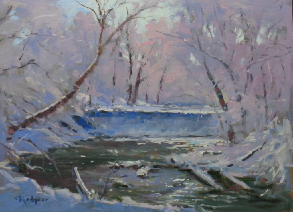 FROSTY MORNING, JANUARY CREEK by Jim Rodgers - 12 X 16 inches, oil on board • $2,500