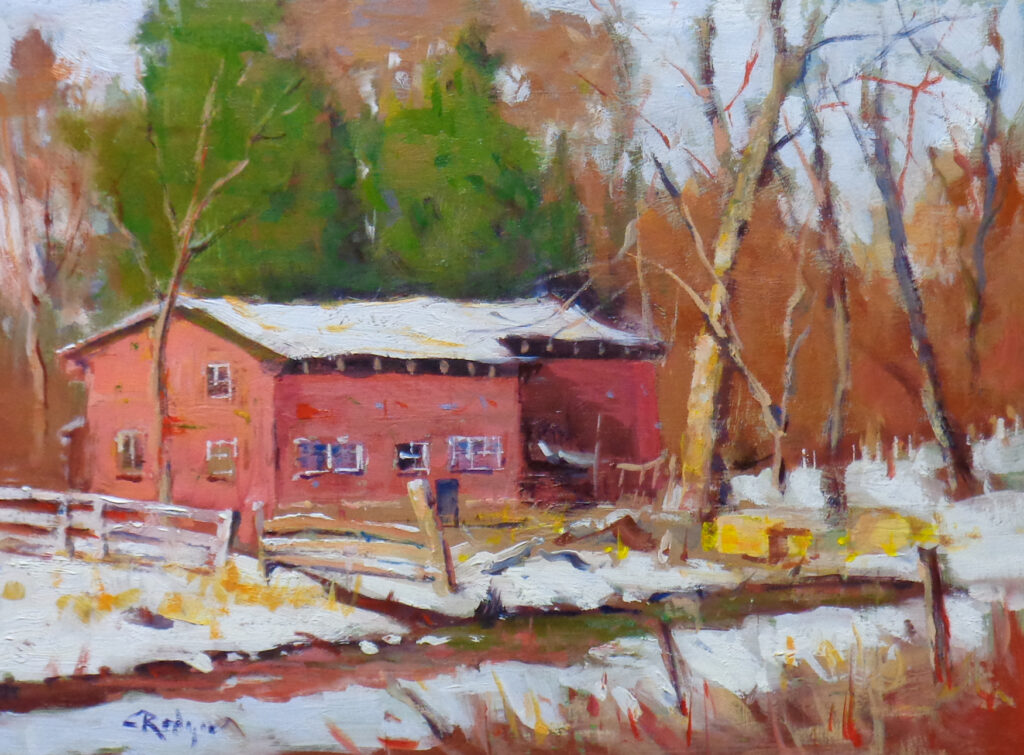 RED BARN, WINTER MORNING by Jim Rodgers - 12 x 16 inches, oil on board • $2,500