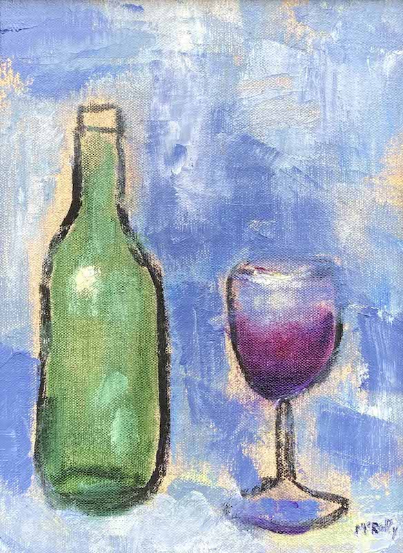 WINE BOTTLE AND GLASS by Desmond McRory - 12 x 9 inches, oil on board • $1,300