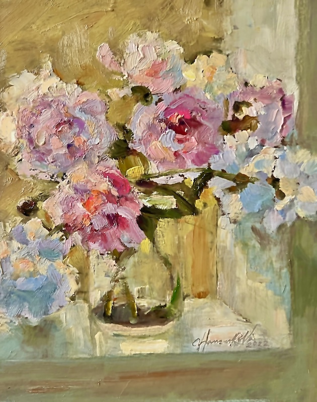 PEONIES IN BLUE ROOM by Jennifer Hansen Rolli - 10 x 8 inches, oil on board • SOLD