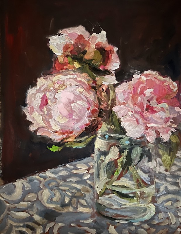 PEONIES ON DELFT by Jennifer Hansen Rolli -14 x 11 inches, oil on board • SOLD