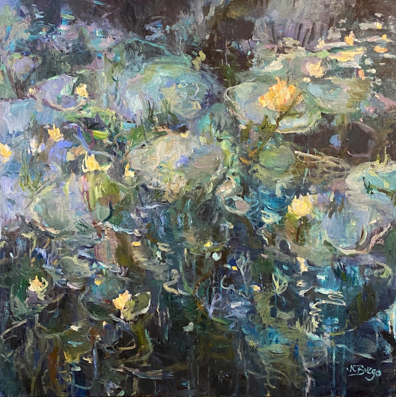 NIGHT LILIES II by Jean Childs Buzgo - 24 x 24 inches, mixed media on board • SOLD