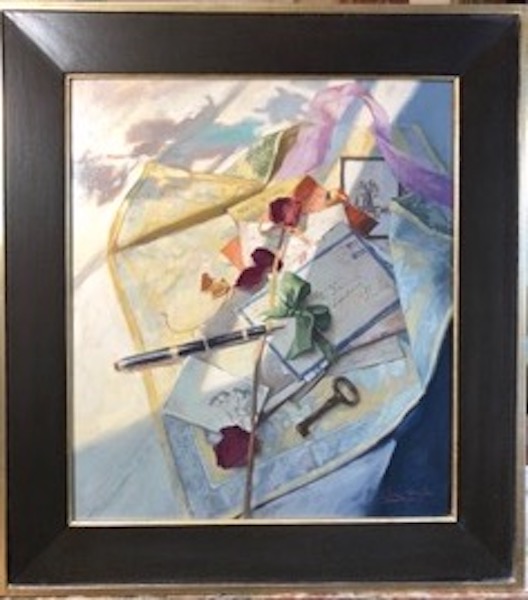 LOVE LETTERS by Glenn Harrington - 18 x 16 inches, oil on linen on board, shown in custom Madary frame • $6,250 