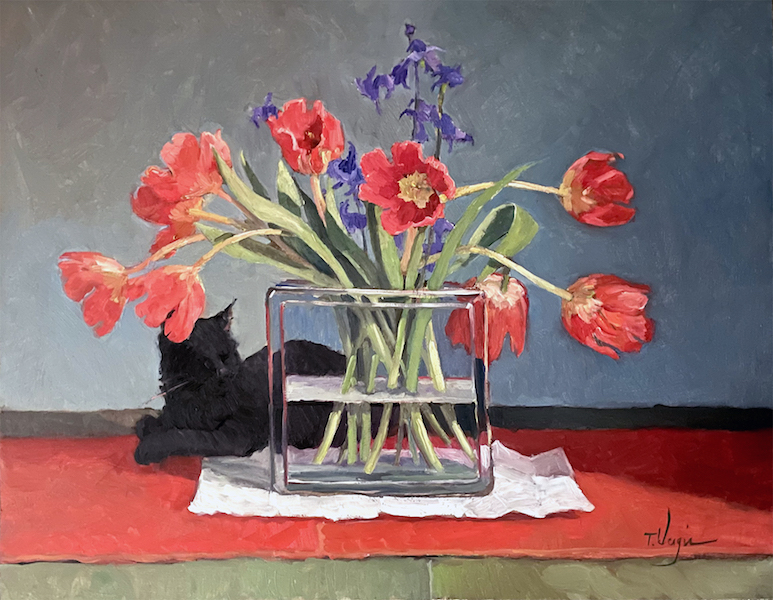 BLACK CAT AND RED TULIPS by Trisha Vergis - 24 x 30 inches, oil on canvas • $4,300