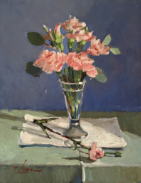CARNATIONS AND EUCALYPTUS II by Trisha Vergis - 14 x 11 in., oil on board • $2,000