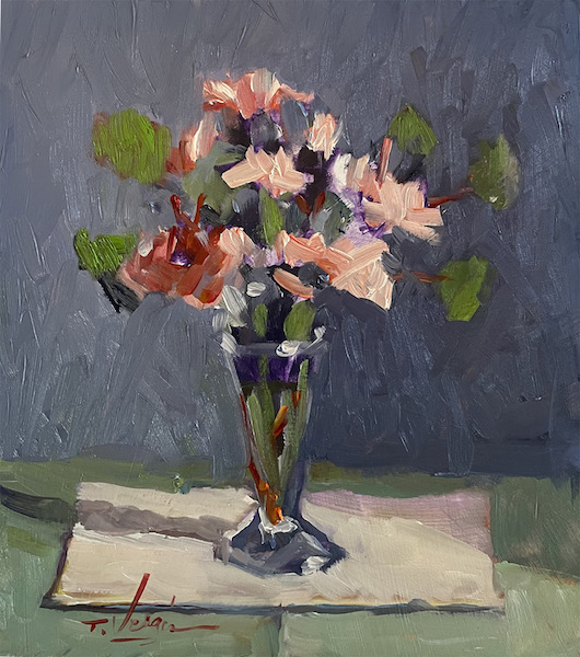 CARNATIONS AND EUCALYPTUS by Trisha Vergis - 11 x 10 in., oil on board • $1,700