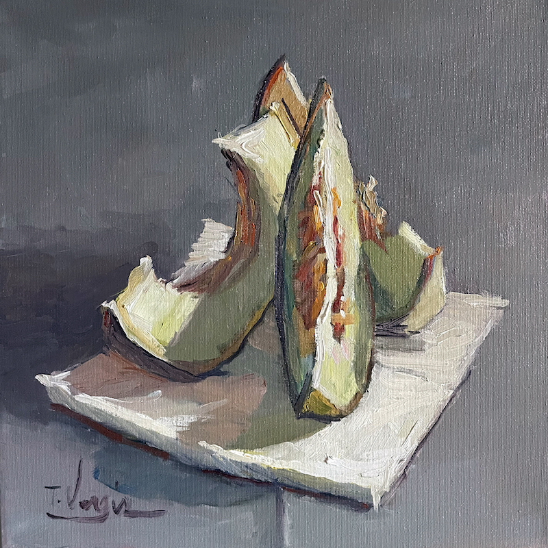 HONEYDEW SLICES by Trisha Vergis - 12 x 12 inches, oil on canvas • $1,900