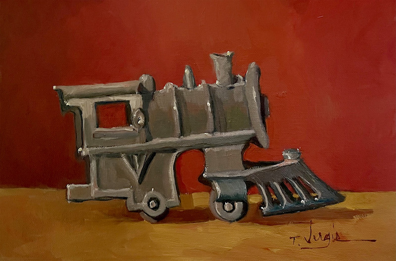 MY BROTHER'S TRAIN by Trisha Vergis - 8 x 12 inches, oil on canvas, in custom David Madary frame • $1,750