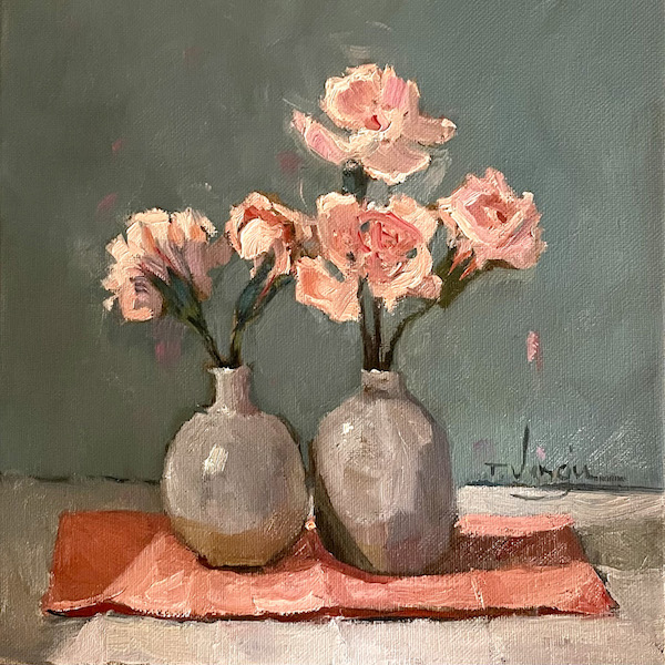PINK CARNATIONS by Trisha Vergis - oil on canvas, 10 inches square • $1,600