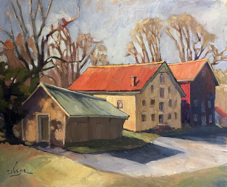 PRALLSVILLE MILL, FEBRUARY by Trisha Vergis - 20 x 24 inches, oil on canvas • $3,500