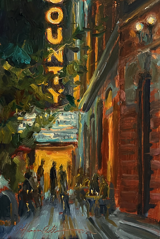 STATE STREET EVENING by Jennifer Hansen Rolli - 6 x 4 inches, oil on board in artist's gold leaf frame • SOLD (but available in artist's note cards for May 2023!)