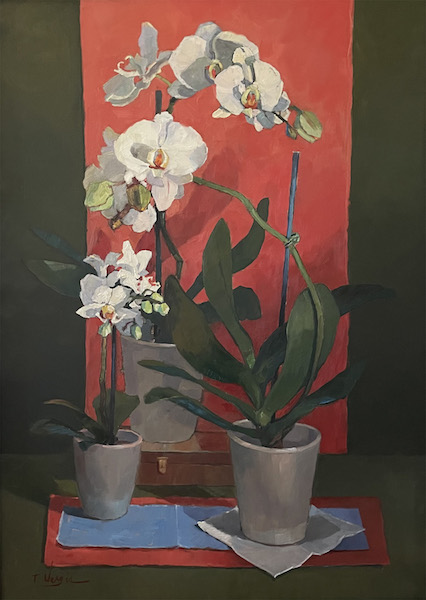 THREE ORCHIDS AND A CIGAR BOX by Trisha Vergis - 34 x 24 inches, oil on board • $5,500