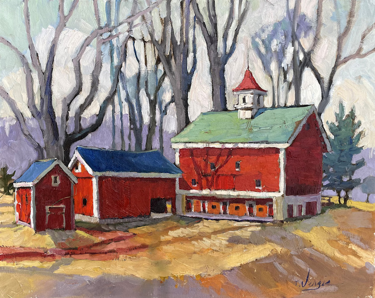 TINICUM BARNS, JANUARY SUNSHINE by Trisha Vergis - 16 x 20 inches, oil on canvas • SOLD