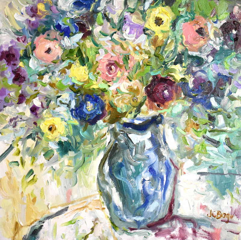 From our Winter ’23-24 Small Works Show:  BOUQUET IN BLUISH VASE by Jean Childs Buzgo - 12 x 12 inches, oil on canvas • SOLD